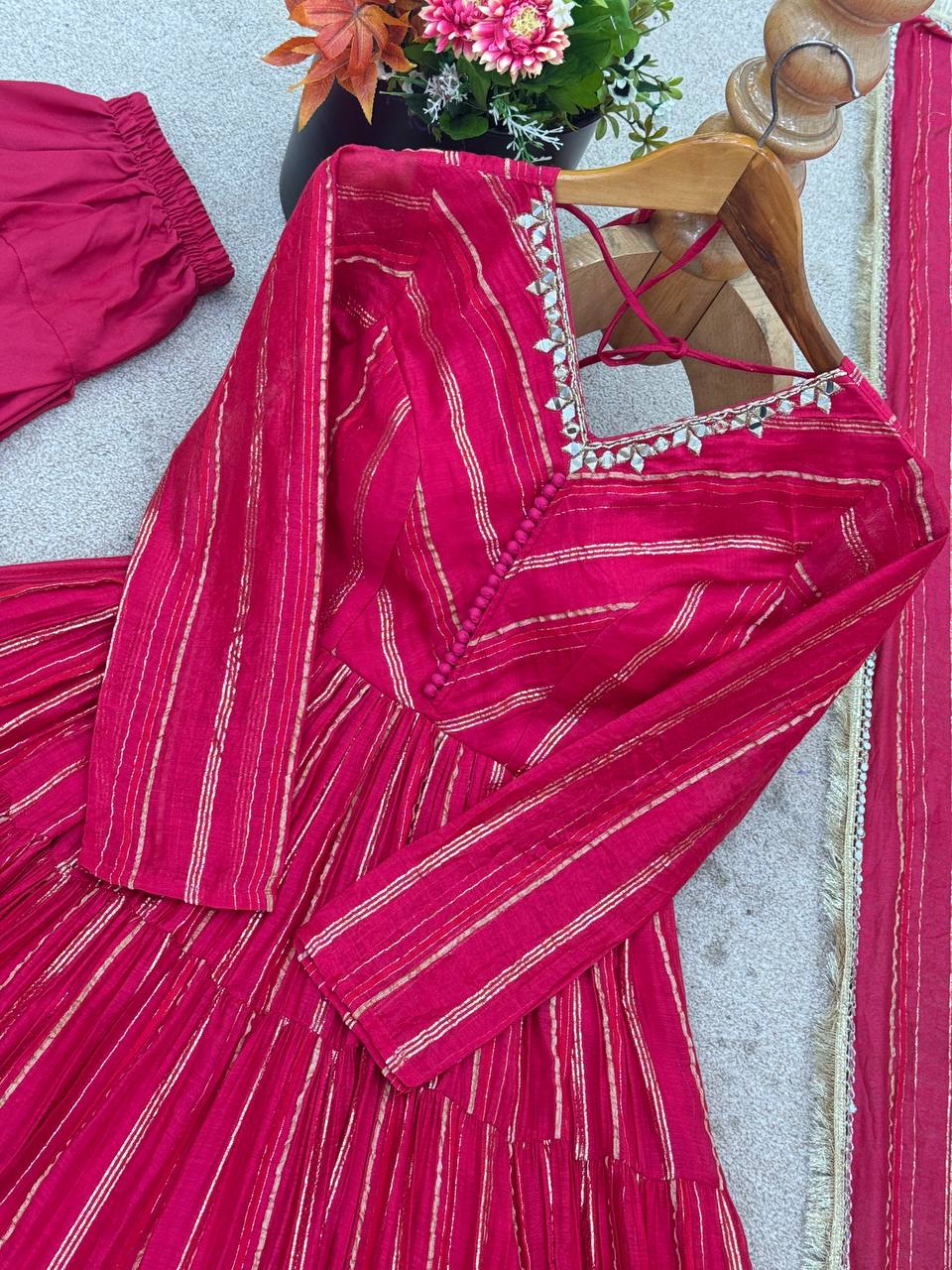 Evanik Ranipink Mal Chanderi Real Mirror With Handwork Wedding Anarkali Suit | Grocsy