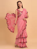 Evanik Peach Embroidered Work Ruffled Saree With Unstitched Blouse | Grocsy
