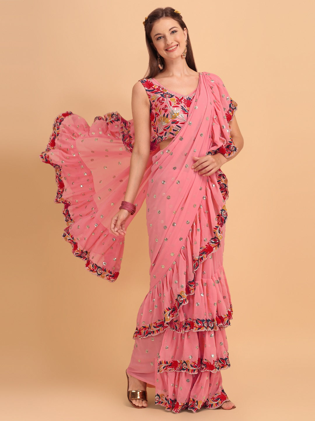 Evanik Peach Embroidered Work Ruffled Saree With Unstitched Blouse | Grocsy