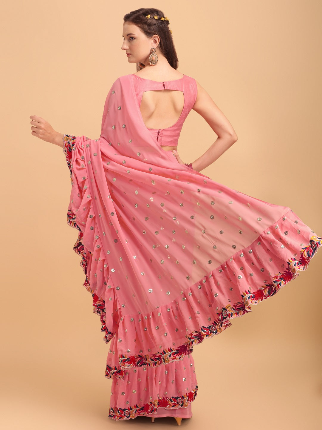 Evanik Peach Embroidered Work Ruffled Saree With Unstitched Blouse | Grocsy