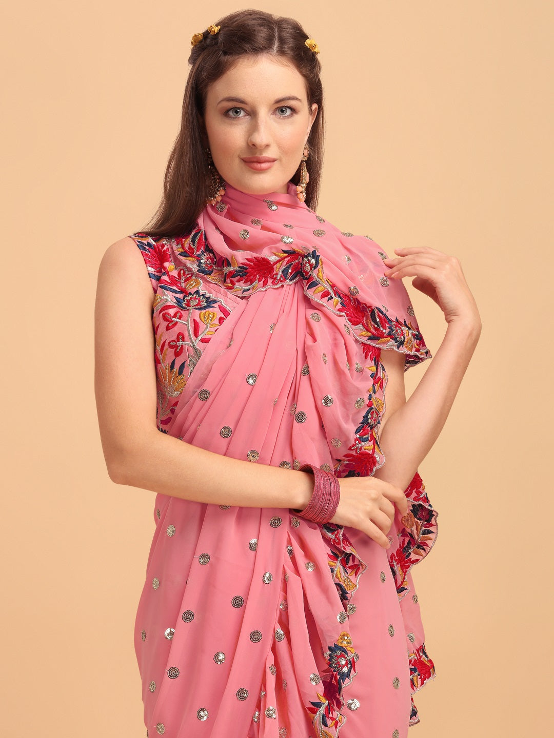 Evanik Peach Embroidered Work Ruffled Saree With Unstitched Blouse | Grocsy