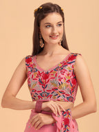 Evanik Peach Embroidered Work Ruffled Saree With Unstitched Blouse | Grocsy