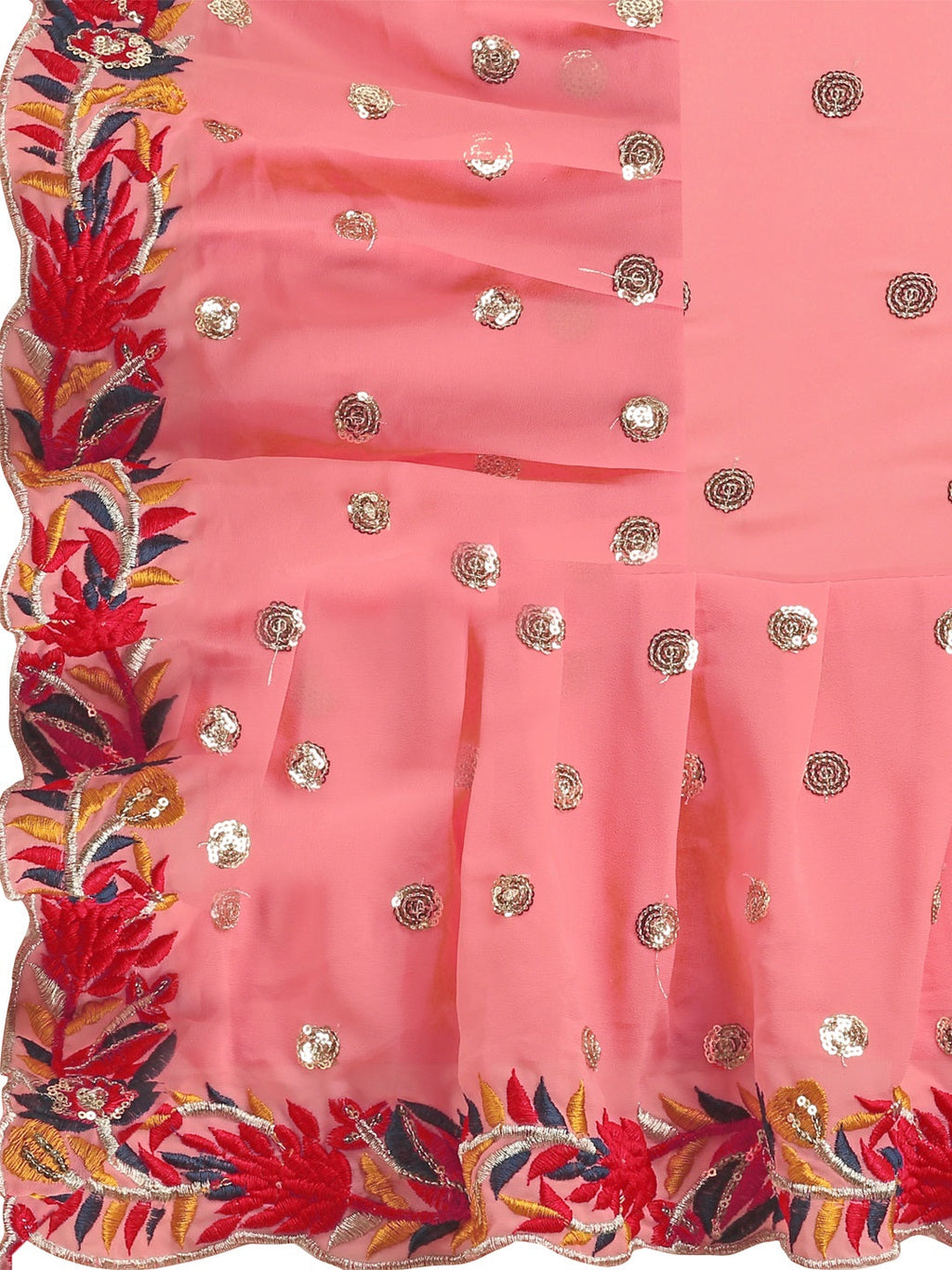 Evanik Peach Embroidered Work Ruffled Saree With Unstitched Blouse | Grocsy