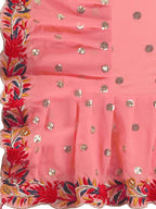 Evanik Peach Embroidered Work Ruffled Saree With Unstitched Blouse | Grocsy
