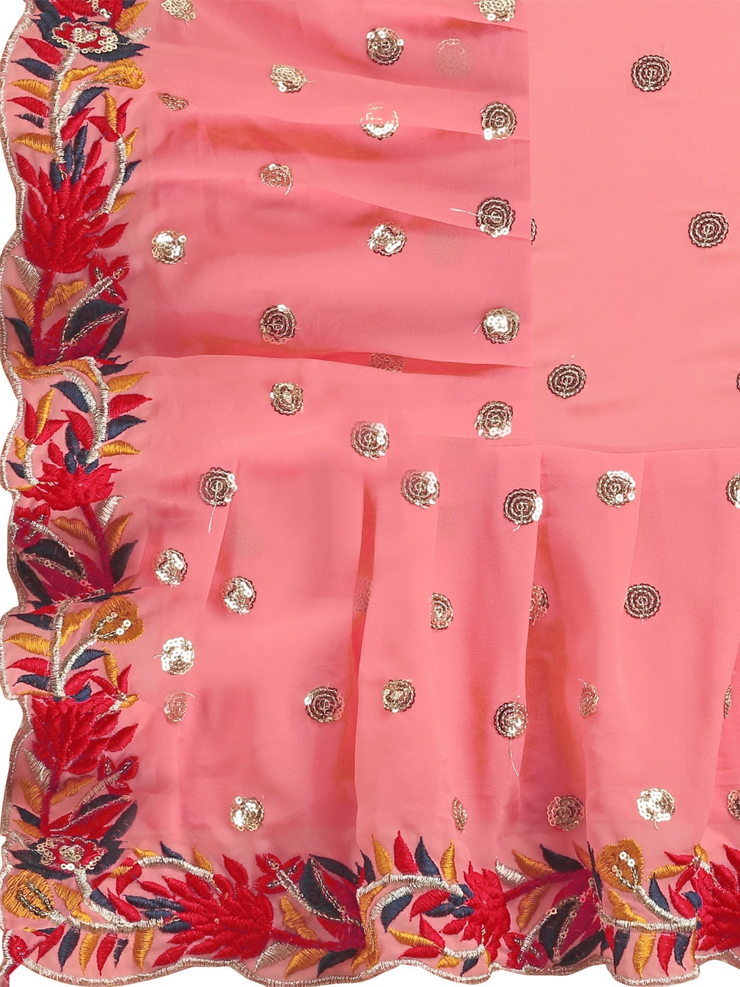 Evanik Peach Embroidered Work Ruffled Saree With Unstitched Blouse | Grocsy