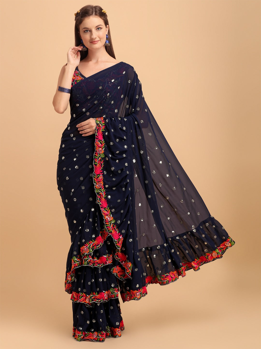 Evanik Navy Blue Embroidered Work Ruffled Saree With Unstitched Blouse | Grocsy