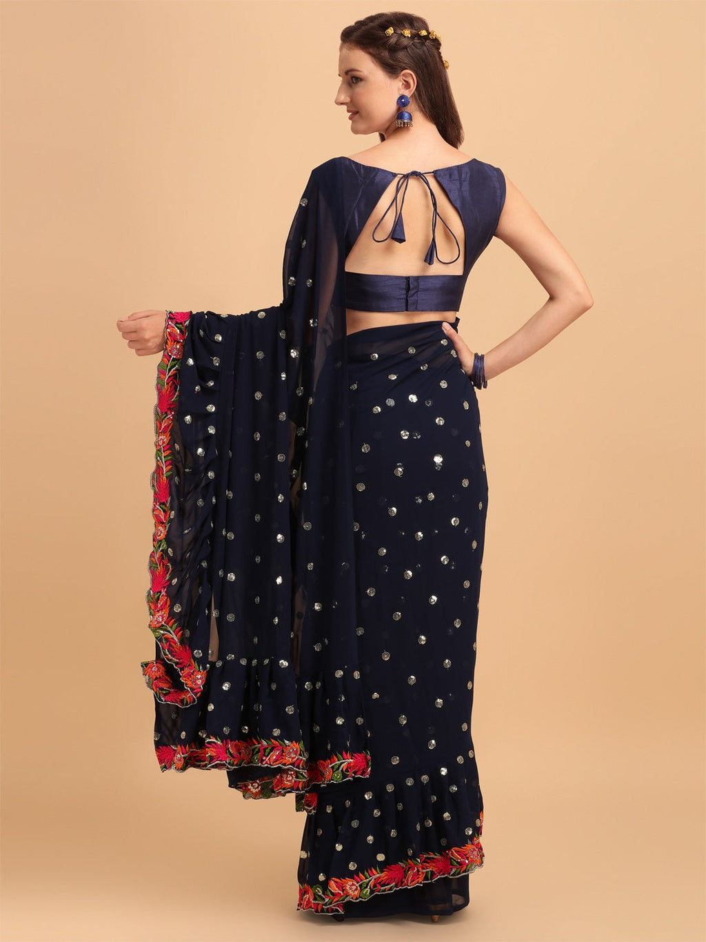 Evanik Navy Blue Embroidered Work Ruffled Saree With Unstitched Blouse | Grocsy