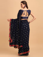 Evanik Navy Blue Embroidered Work Ruffled Saree With Unstitched Blouse | Grocsy