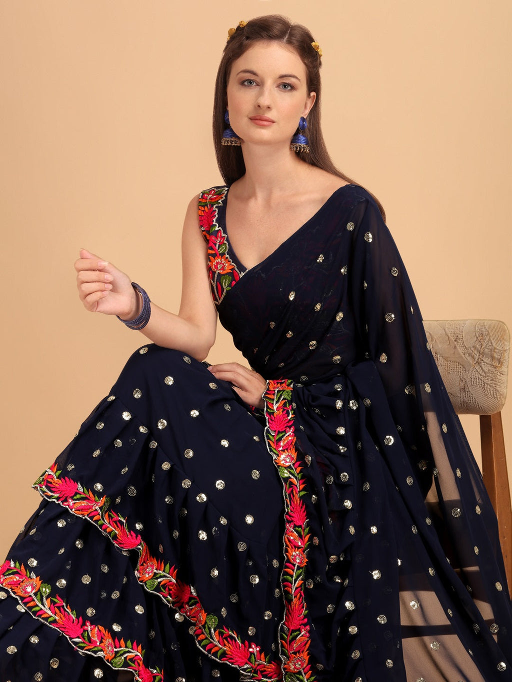 Evanik Navy Blue Embroidered Work Ruffled Saree With Unstitched Blouse | Grocsy