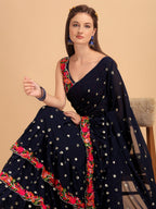 Evanik Navy Blue Embroidered Work Ruffled Saree With Unstitched Blouse | Grocsy