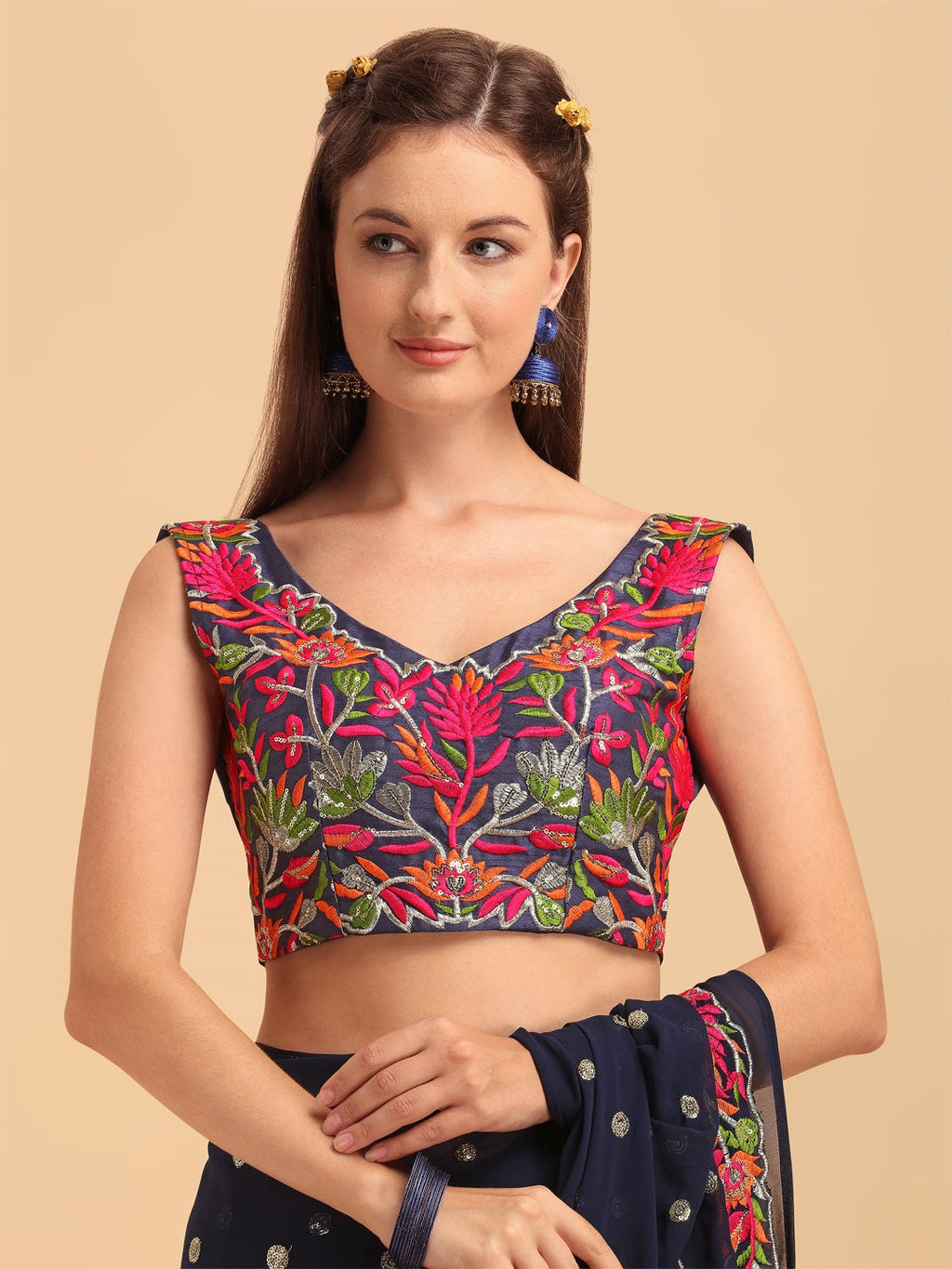 Evanik Navy Blue Embroidered Work Ruffled Saree With Unstitched Blouse | Grocsy