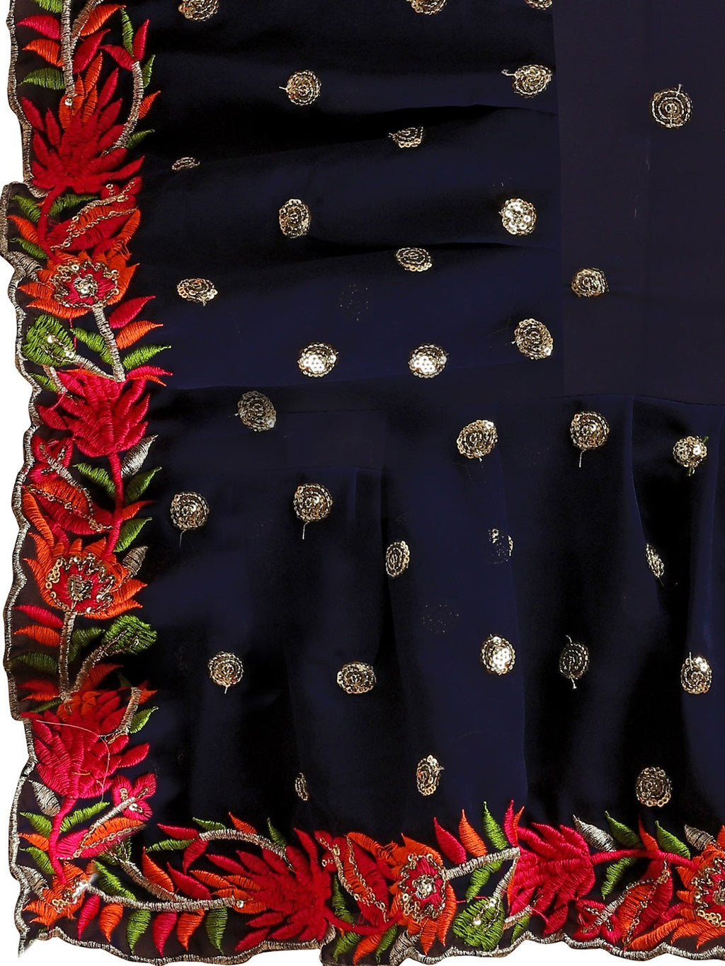 Evanik Navy Blue Embroidered Work Ruffled Saree With Unstitched Blouse | Grocsy