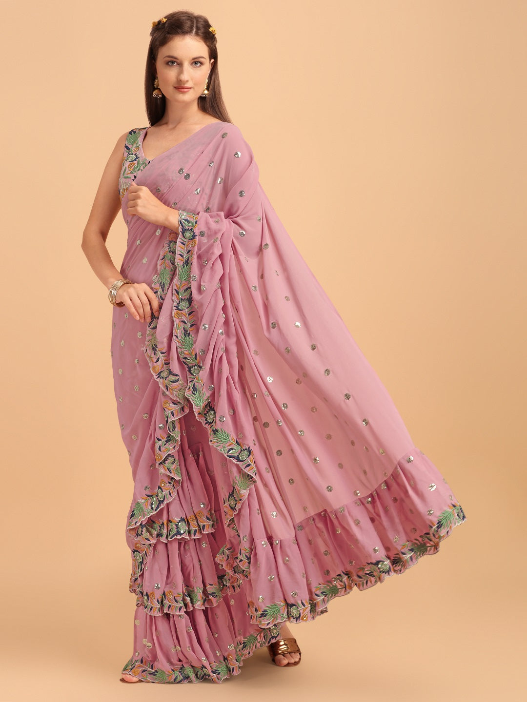 Evanik Pink Embroidered Work Ruffled Saree With Unstitched Blouse | Grocsy
