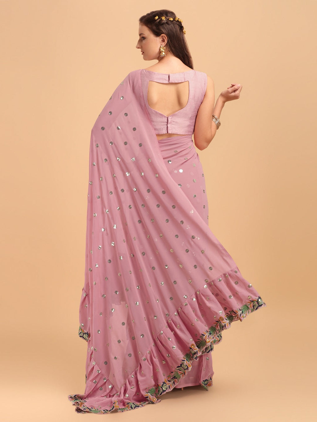 Evanik Pink Embroidered Work Ruffled Saree With Unstitched Blouse | Grocsy