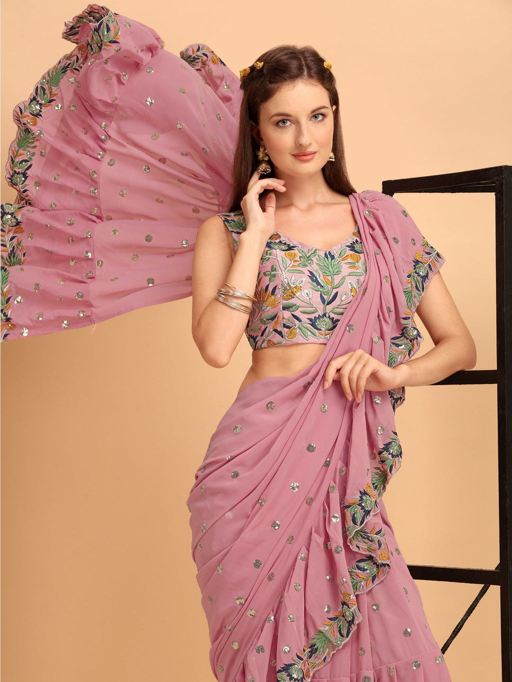 Evanik Pink Embroidered Work Ruffled Saree With Unstitched Blouse | Grocsy
