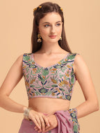 Evanik Pink Embroidered Work Ruffled Saree With Unstitched Blouse | Grocsy