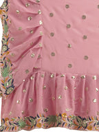 Evanik Pink Embroidered Work Ruffled Saree With Unstitched Blouse | Grocsy