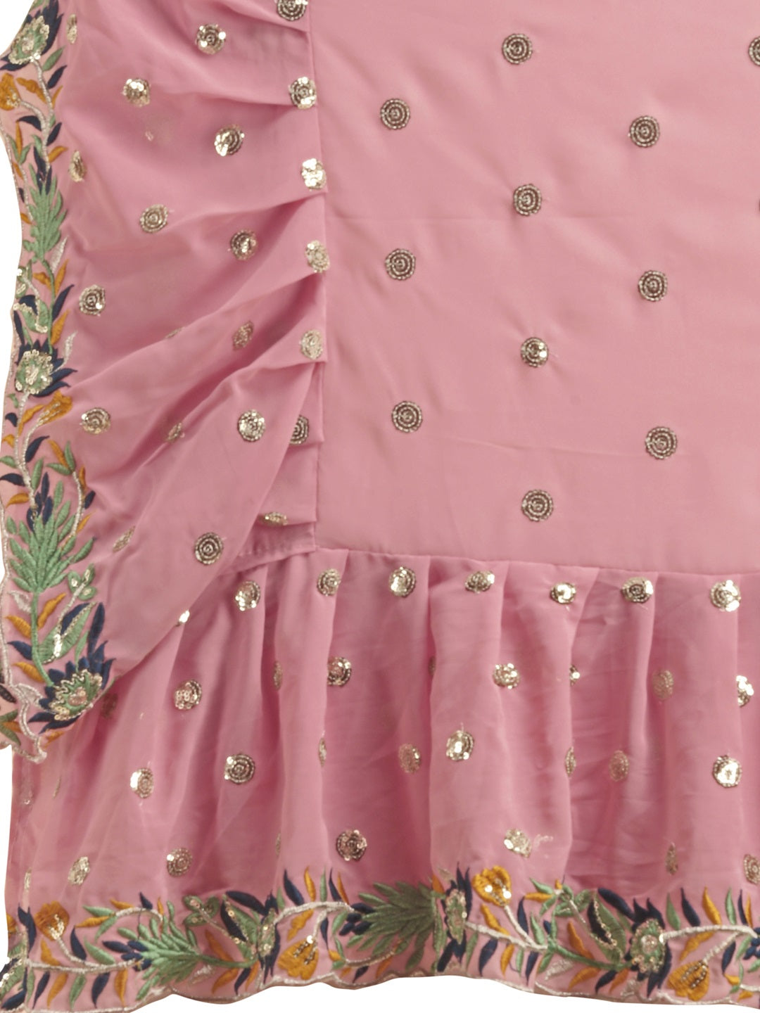Evanik Pink Embroidered Work Ruffled Saree With Unstitched Blouse | Grocsy