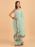 Evanik Seagreen Embroidered Work Ruffled Saree With Unstitched Blouse | Grocsy
