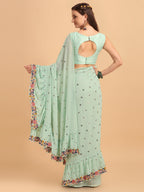 Evanik Seagreen Embroidered Work Ruffled Saree With Unstitched Blouse | Grocsy