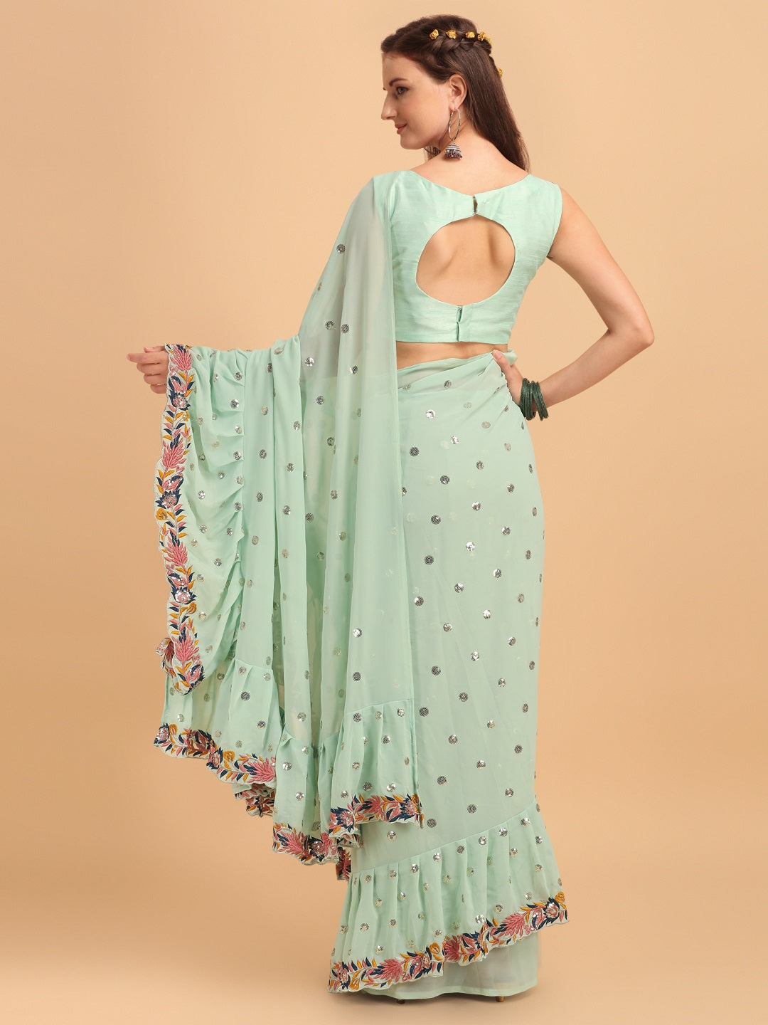 Evanik Seagreen Embroidered Work Ruffled Saree With Unstitched Blouse | Grocsy