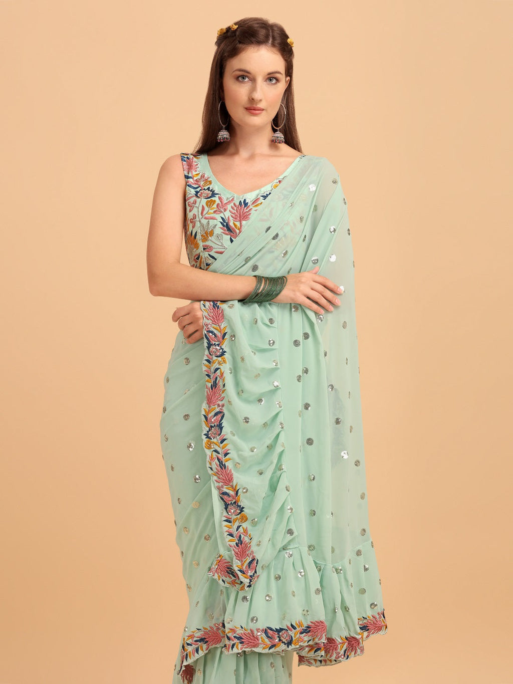 Evanik Seagreen Embroidered Work Ruffled Saree With Unstitched Blouse | Grocsy
