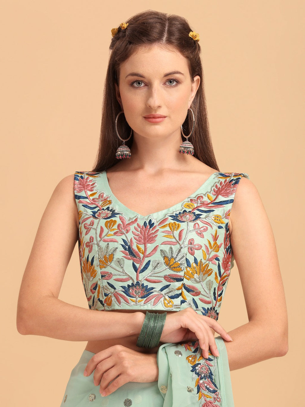 Evanik Seagreen Embroidered Work Ruffled Saree With Unstitched Blouse | Grocsy