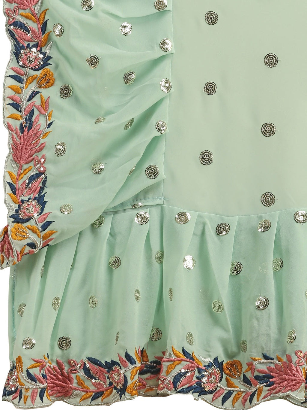 Evanik Seagreen Embroidered Work Ruffled Saree With Unstitched Blouse | Grocsy
