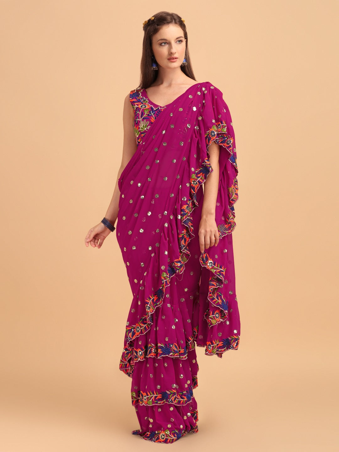 Evanik Rani Pink Embroidered Work Ruffled Saree With Unstitched Blouse | Grocsy