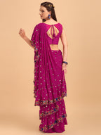 Evanik Rani Pink Embroidered Work Ruffled Saree With Unstitched Blouse | Grocsy