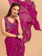 Evanik Rani Pink Embroidered Work Ruffled Saree With Unstitched Blouse | Grocsy