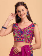 Evanik Rani Pink Embroidered Work Ruffled Saree With Unstitched Blouse | Grocsy