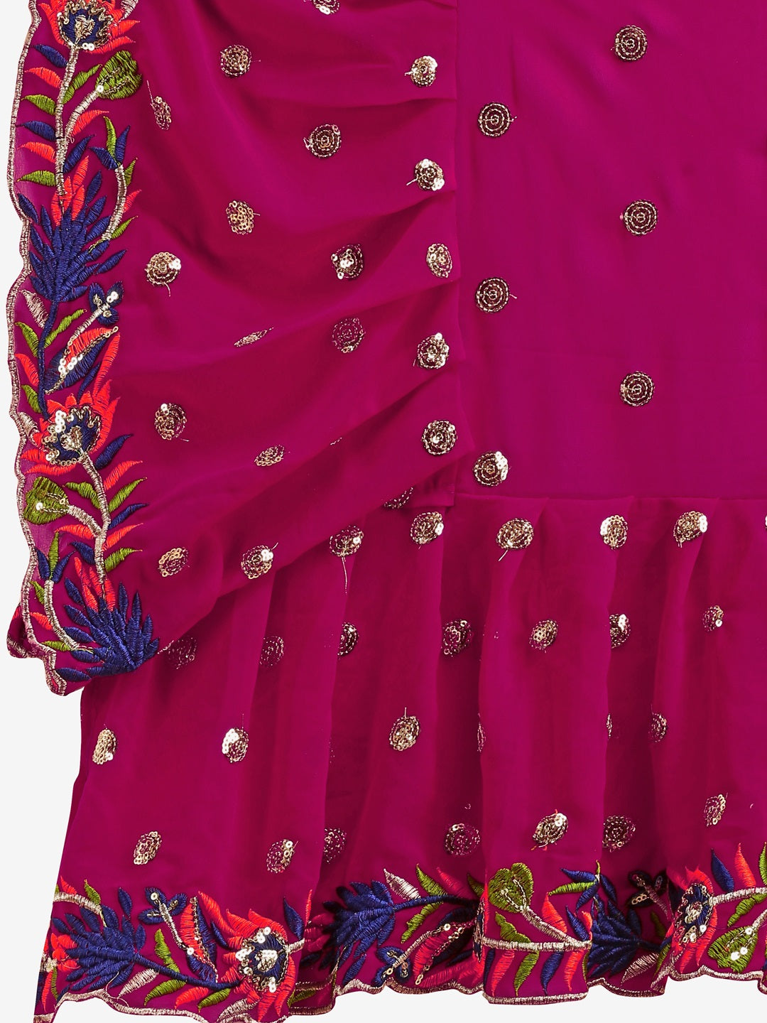 Evanik Rani Pink Embroidered Work Ruffled Saree With Unstitched Blouse | Grocsy