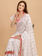 Lorenvalley Fashion White Faux Georgette Ruffle Saree with Fancy Sequence work & Blouse | Grocsy