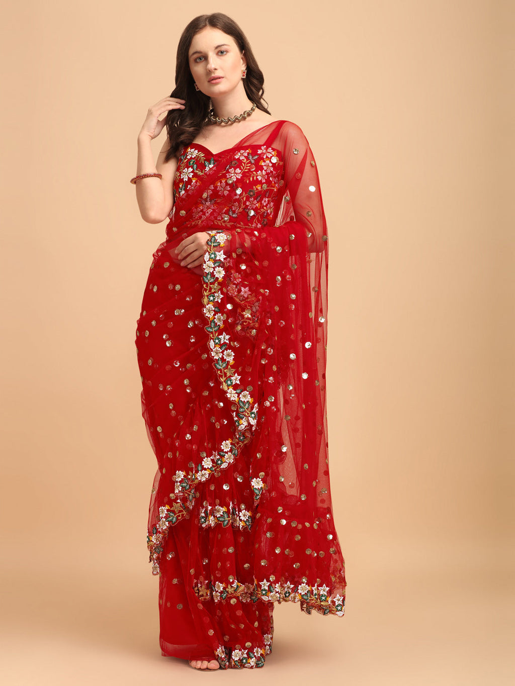 Lorenvalley Fashion Red Butterfly Net Ruffle Saree with Fancy Sequence work & Blouse | Grocsy