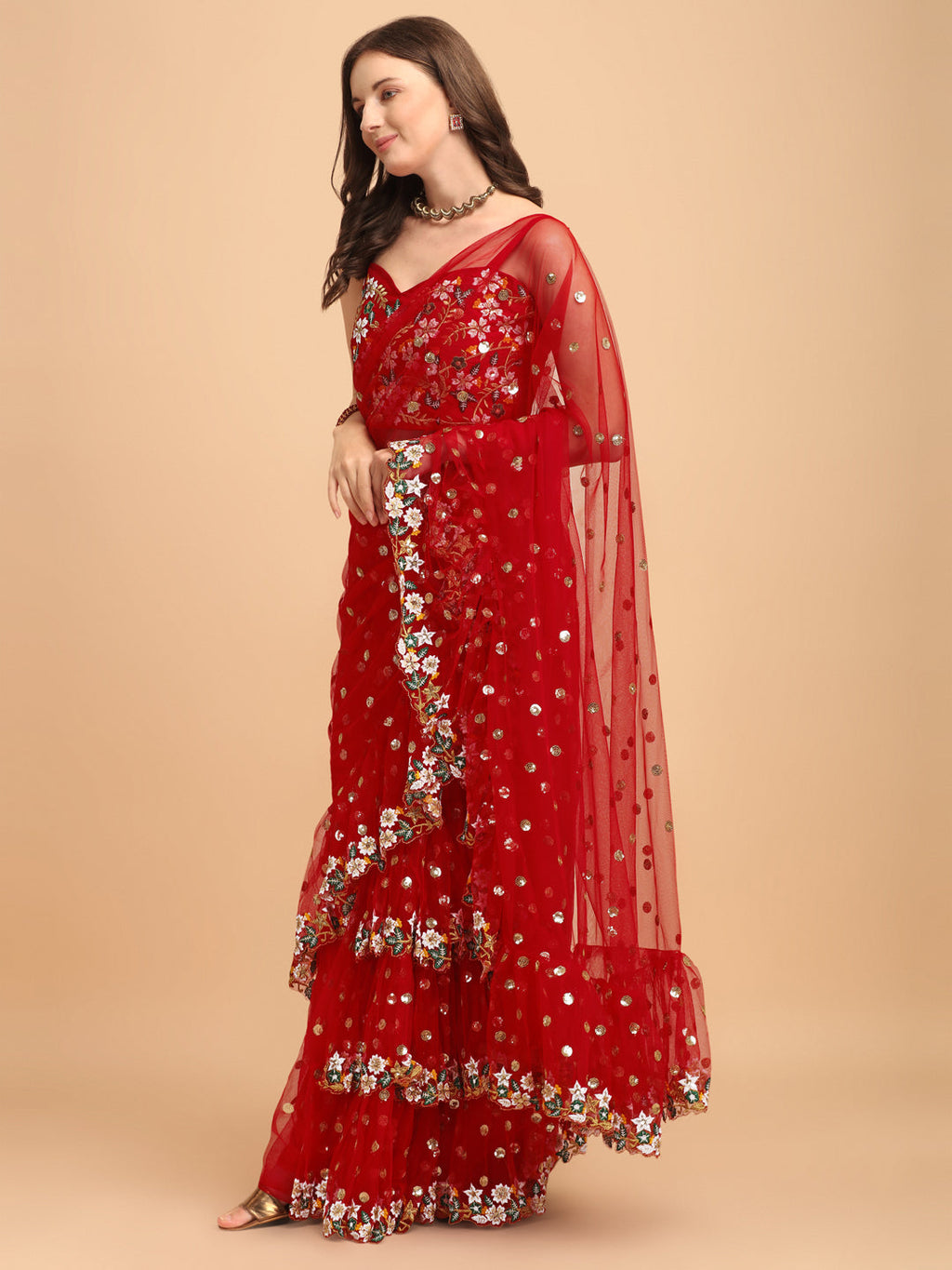 Lorenvalley Fashion Red Butterfly Net Ruffle Saree with Fancy Sequence work & Blouse | Grocsy