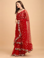 Lorenvalley Fashion Red Butterfly Net Ruffle Saree with Fancy Sequence work & Blouse | Grocsy