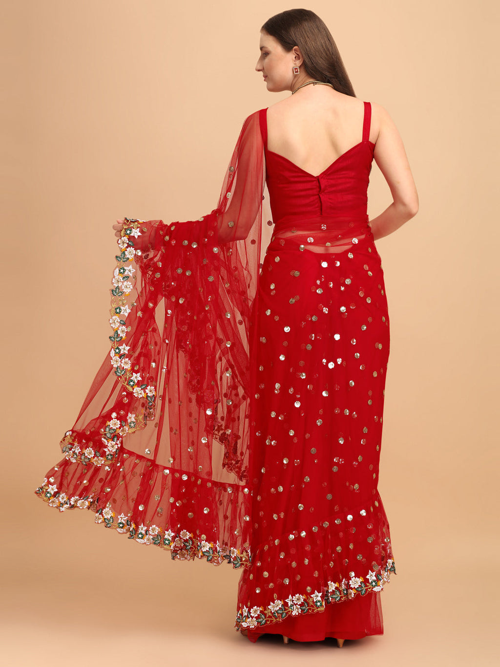 Lorenvalley Fashion Red Butterfly Net Ruffle Saree with Fancy Sequence work & Blouse | Grocsy