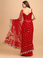 Lorenvalley Fashion Red Butterfly Net Ruffle Saree with Fancy Sequence work & Blouse | Grocsy
