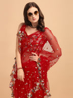 Lorenvalley Fashion Red Butterfly Net Ruffle Saree with Fancy Sequence work & Blouse | Grocsy