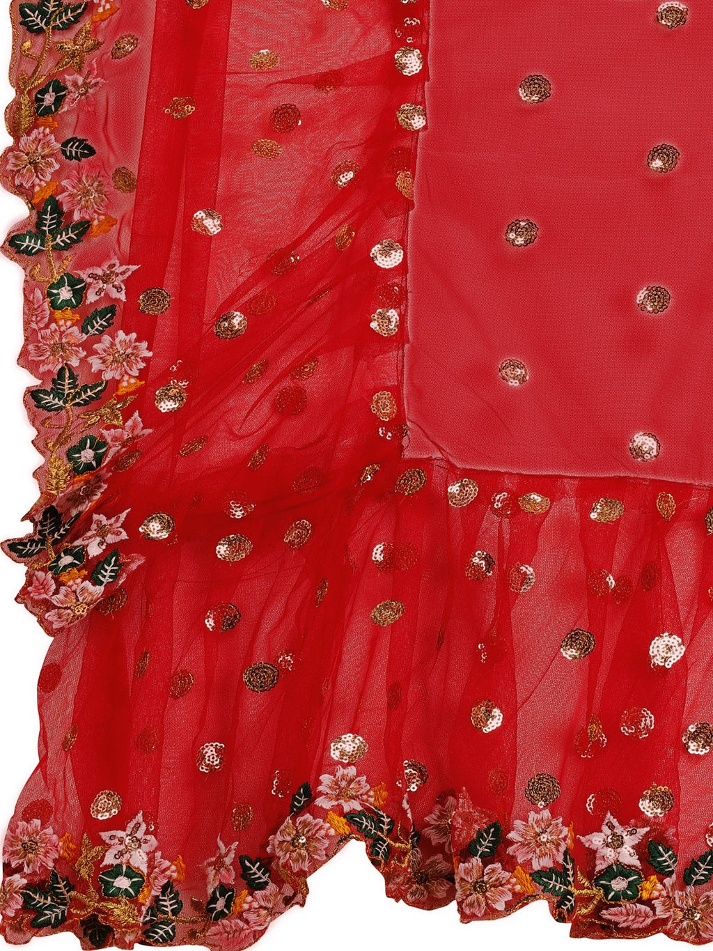 Lorenvalley Fashion Red Butterfly Net Ruffle Saree with Fancy Sequence work & Blouse | Grocsy