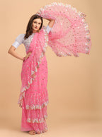 Lorenvalley Fashion Pink Butterfly Net Ruffle Saree with Fancy Sequence work & Blouse | Grocsy