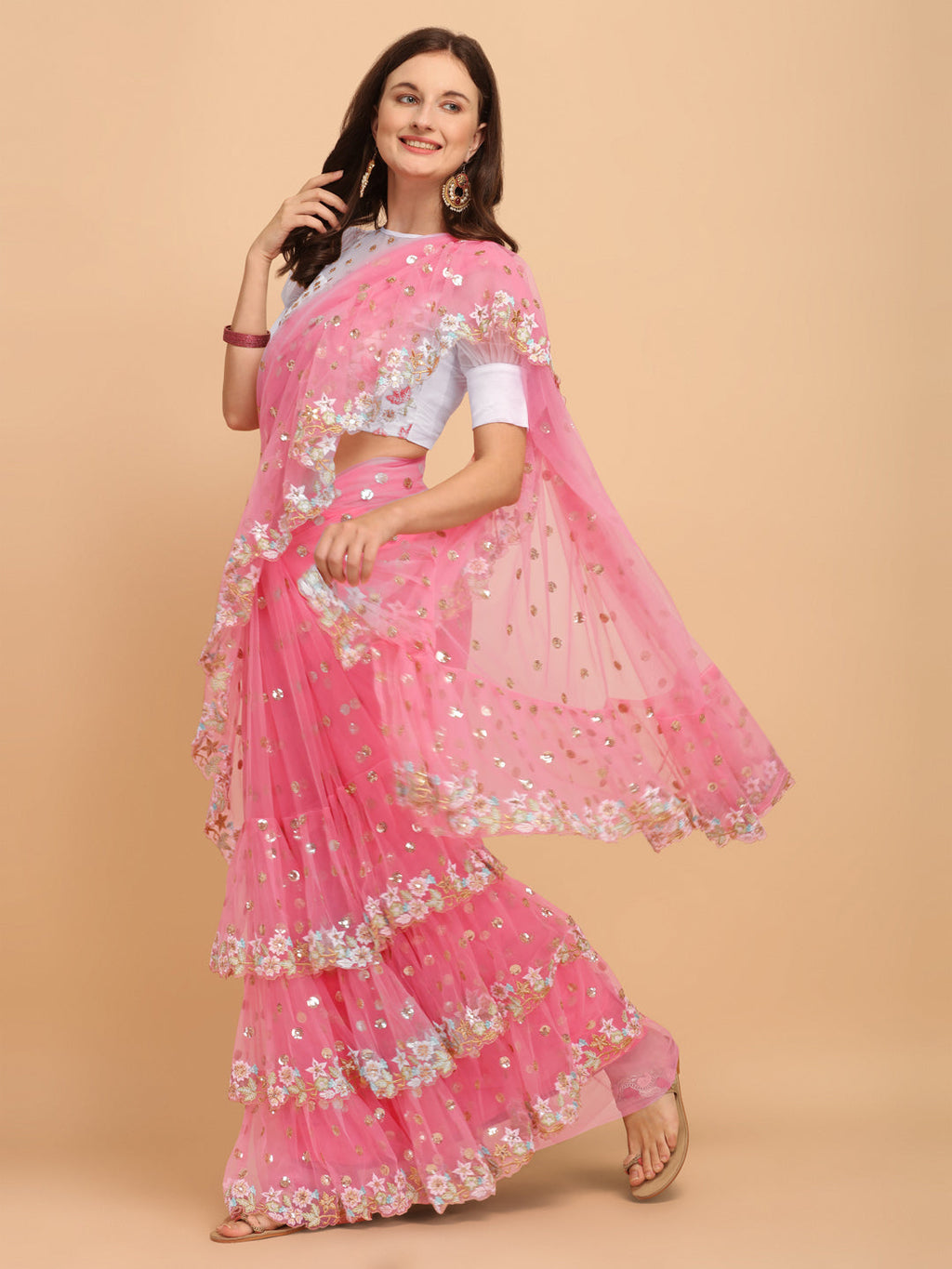 Lorenvalley Fashion Pink Butterfly Net Ruffle Saree with Fancy Sequence work & Blouse | Grocsy