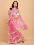 Lorenvalley Fashion Pink Butterfly Net Ruffle Saree with Fancy Sequence work & Blouse | Grocsy