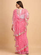 Lorenvalley Fashion Pink Butterfly Net Ruffle Saree with Fancy Sequence work & Blouse | Grocsy