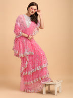 Lorenvalley Fashion Pink Butterfly Net Ruffle Saree with Fancy Sequence work & Blouse | Grocsy