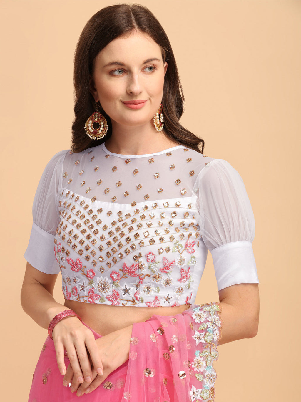 Lorenvalley Fashion Pink Butterfly Net Ruffle Saree with Fancy Sequence work & Blouse | Grocsy