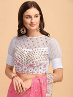 Lorenvalley Fashion Pink Butterfly Net Ruffle Saree with Fancy Sequence work & Blouse | Grocsy
