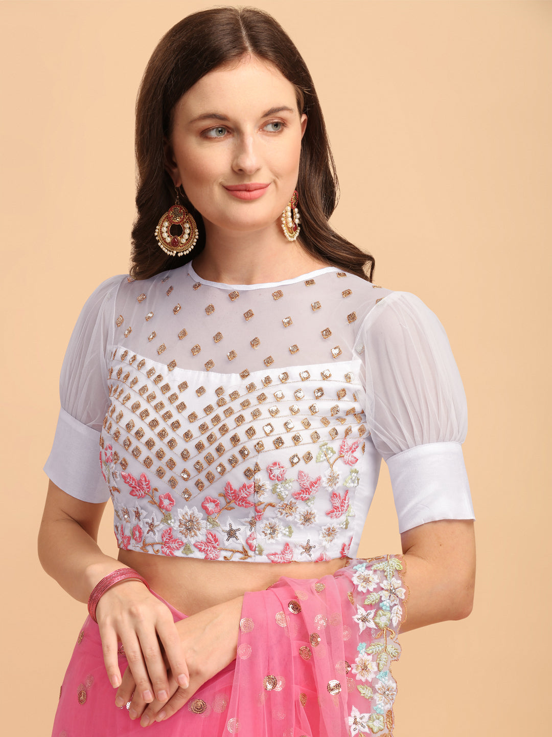 Lorenvalley Fashion Pink Butterfly Net Ruffle Saree with Fancy Sequence work & Blouse | Grocsy