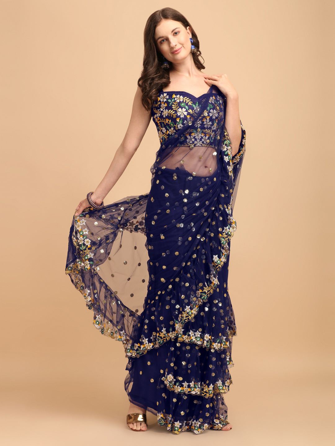 Lorenvalley Fashion Blue Butterfly Net Ruffle Saree with Fancy Sequence work & Blouse | Grocsy